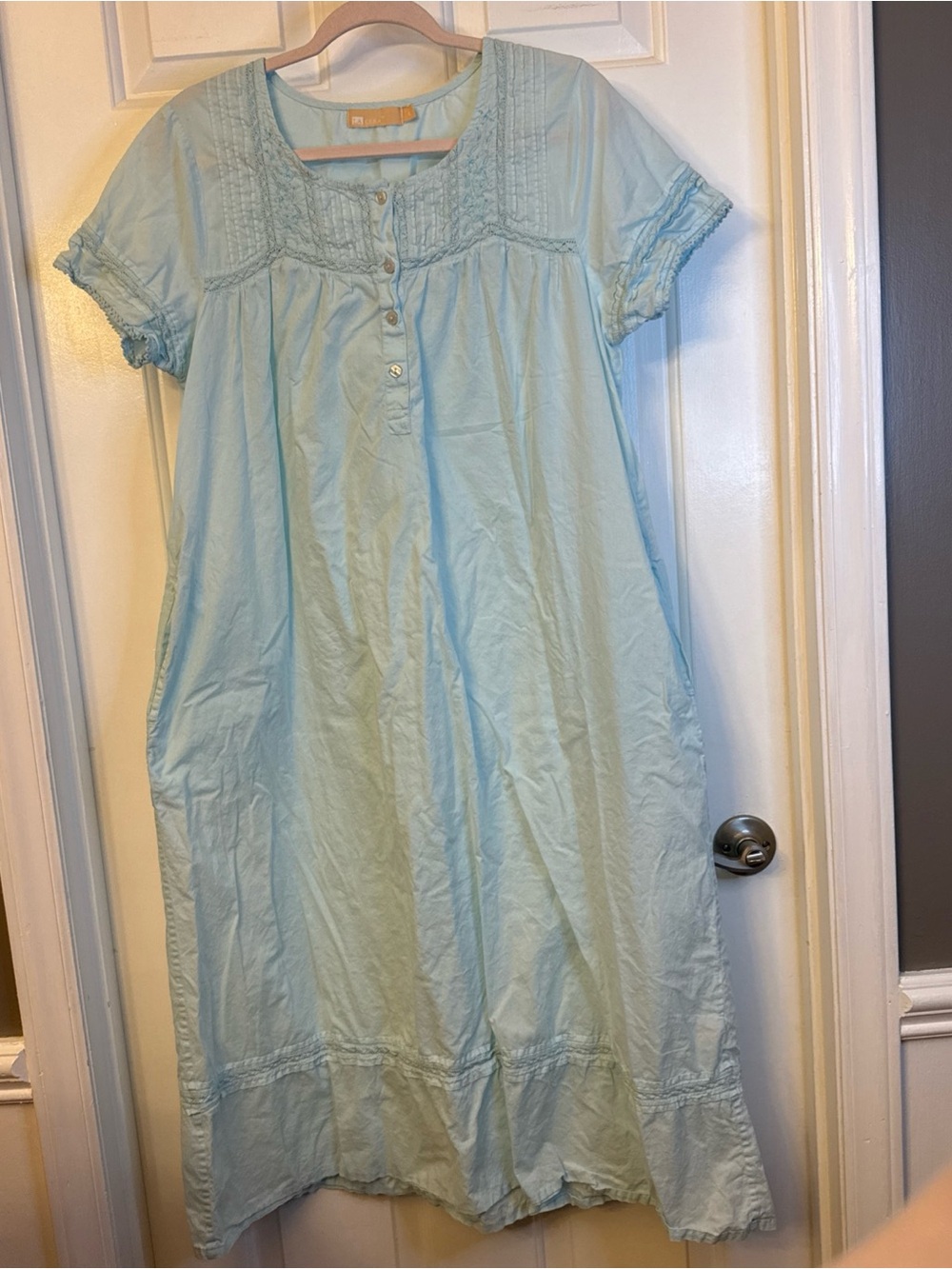 La Cera Cotton Woven Nightgown Blue Large Floral Pintuck Pockets Cottagecore